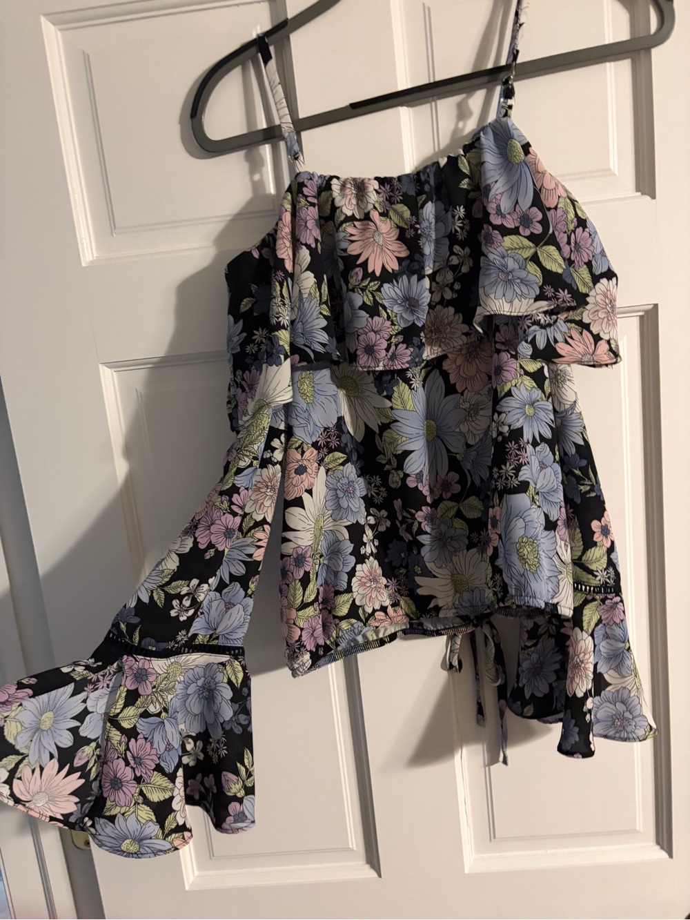 BCX Black Floral Ruffle Camisole with Pastel Blooms